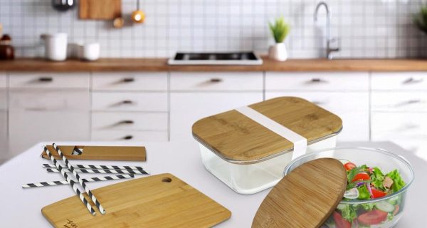 eco friendly promotional products impact aware Bamboo chopping board, bamboo cutlery and glass lunch boxes with bamboo lids from the Impact Aware collection