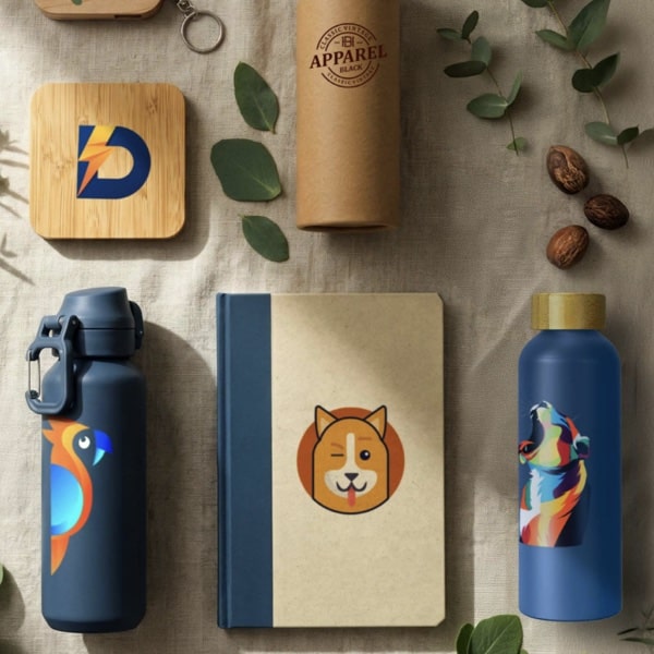Impact Aware promotional products including a bamboo coaster, glass bottle, recycled bottles and a notebook with sample logos