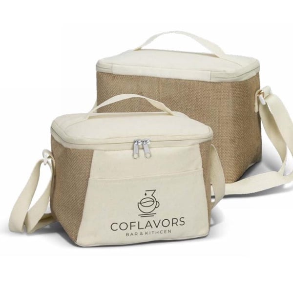 Two jute cooler bags with cotton accents and a sample logo